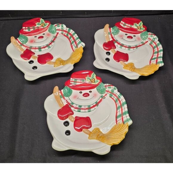Vintage Fitz & Floyd Plaid Christmas Snowman Canape Serving Plates Set of 3 - Picture 1 of 10